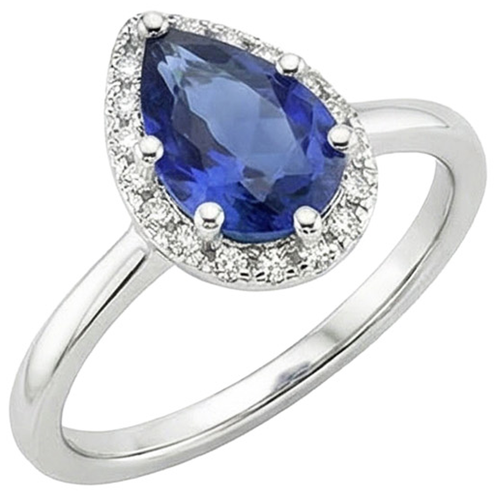 Bague Halo Or Blanc Poire Saphir Bleu & Diamants Naturels Extraits des Mines ( et non cultivés en laboratoire ) 4 Carats