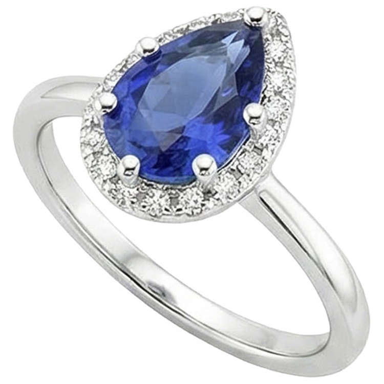 Bague Halo Or Blanc Poire Saphir Bleu & Diamants Naturels Extraits des Mines ( et non cultivés en laboratoire ) 4 Carats