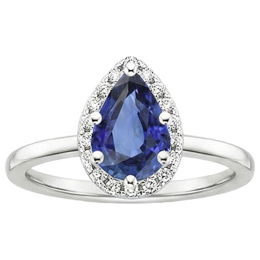 Bague Halo Or Blanc Poire Saphir Bleu & Diamants Naturels Extraits des Mines ( et non cultivés en laboratoire ) 4 Carats