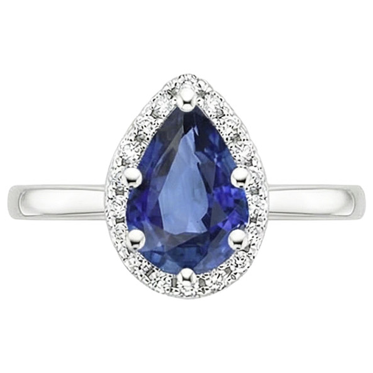 Bague Halo Or Blanc Poire Saphir Bleu & Diamants Naturels Extraits des Mines ( et non cultivés en laboratoire ) 4 Carats