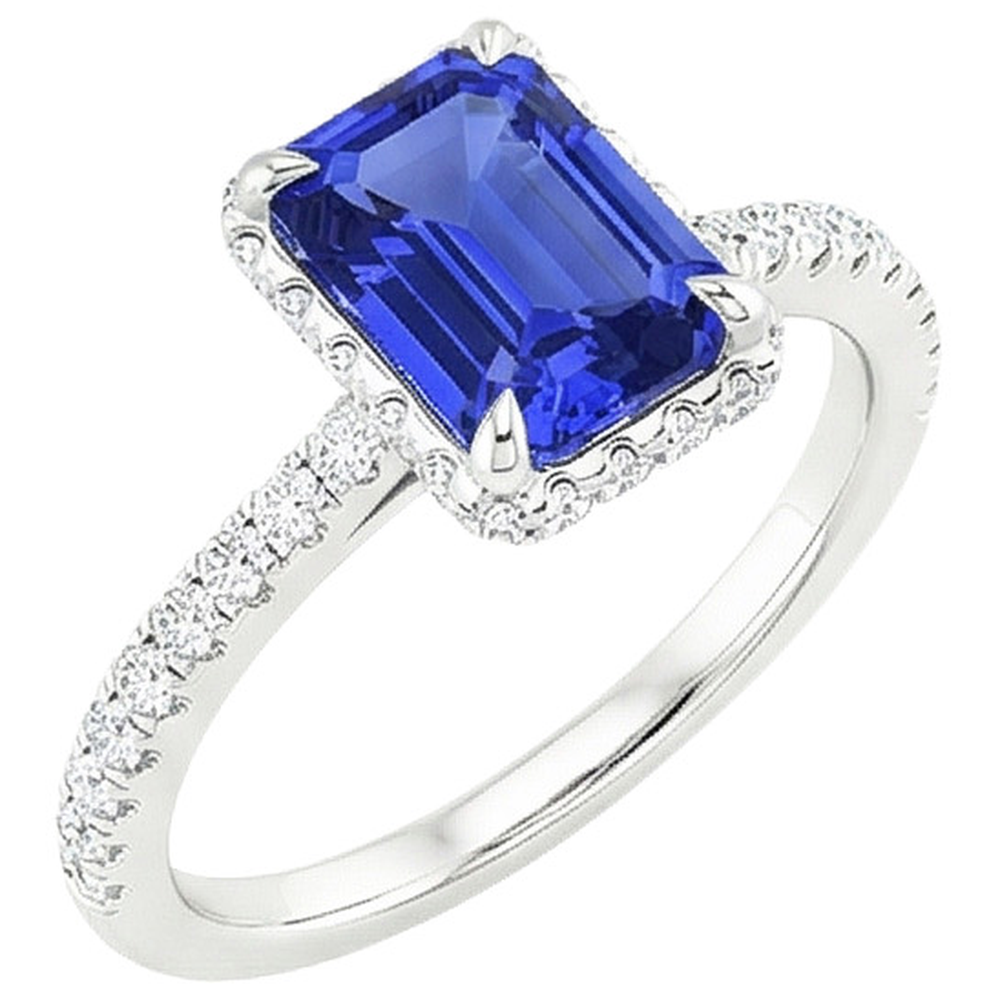 Bague Halo Or Blanc Saphir Bleu Émeraude & Diamant Naturels Extraits des Mines ( et non cultivés en laboratoire ) 4.25 Carats