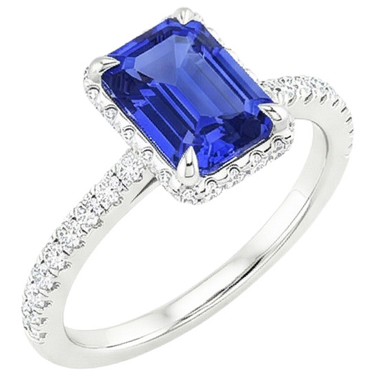 Bague Halo Or Blanc Saphir Bleu Émeraude & Diamant Naturels Extraits des Mines ( et non cultivés en laboratoire ) 4.25 Carats