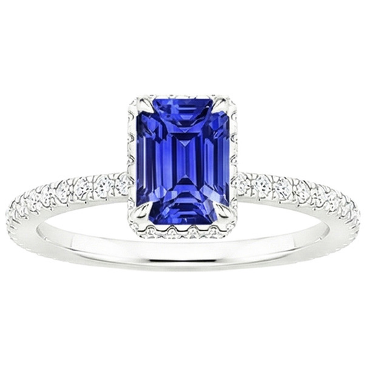 Bague Halo Or Blanc Saphir Bleu Émeraude & Diamant Naturels Extraits des Mines ( et non cultivés en laboratoire ) 4.25 Carats