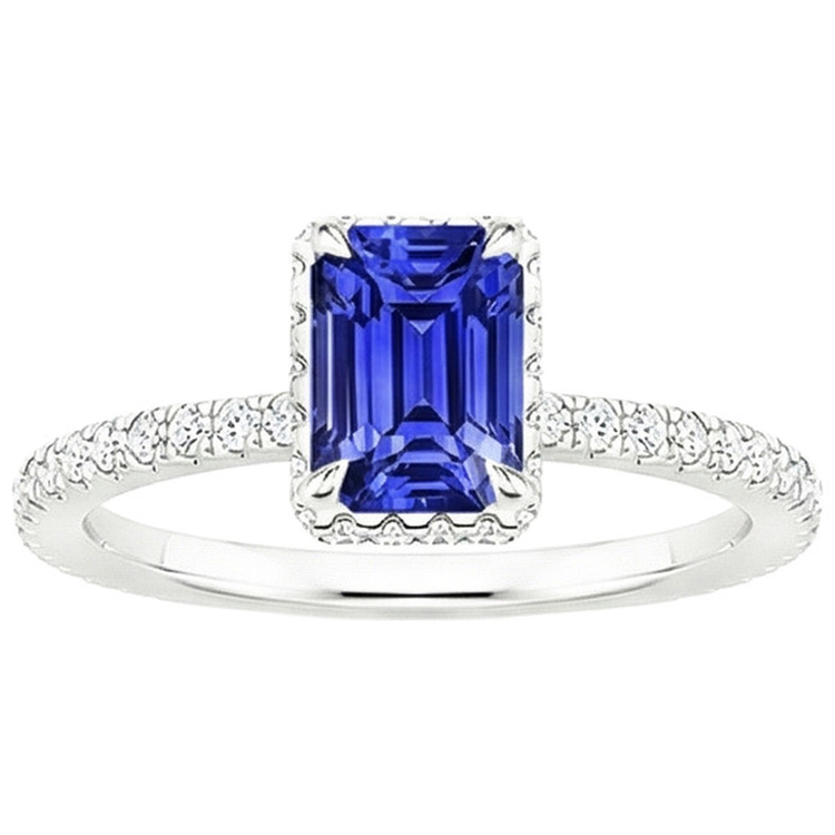 Bague Halo Or Blanc Saphir Bleu Émeraude & Diamant Naturels Extraits des Mines ( et non cultivés en laboratoire ) 4.25 Carats