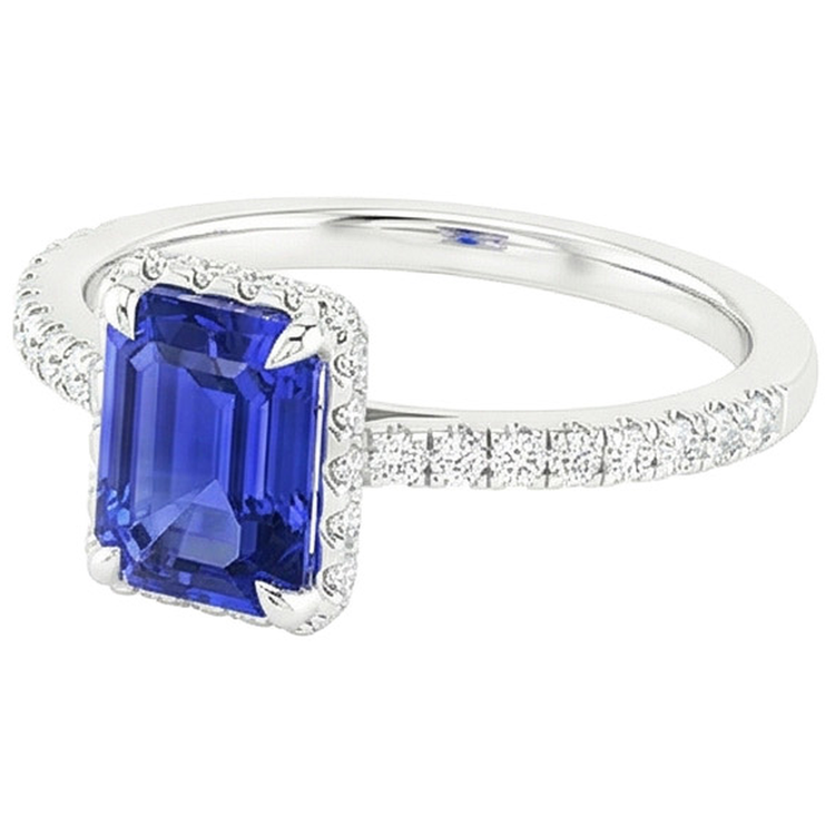 Bague Halo Or Blanc Saphir Bleu Émeraude & Diamant Naturels Extraits des Mines ( et non cultivés en laboratoire ) 4.25 Carats