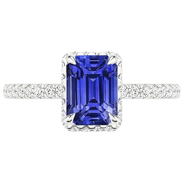 Bague Halo Or Blanc Saphir Bleu Émeraude & Diamant Naturels Extraits des Mines ( et non cultivés en laboratoire ) 4.25 Carats