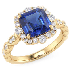 Bague Halo Or Jaune Style Fleur Asscher Saphir Bleu 4.50 Carats