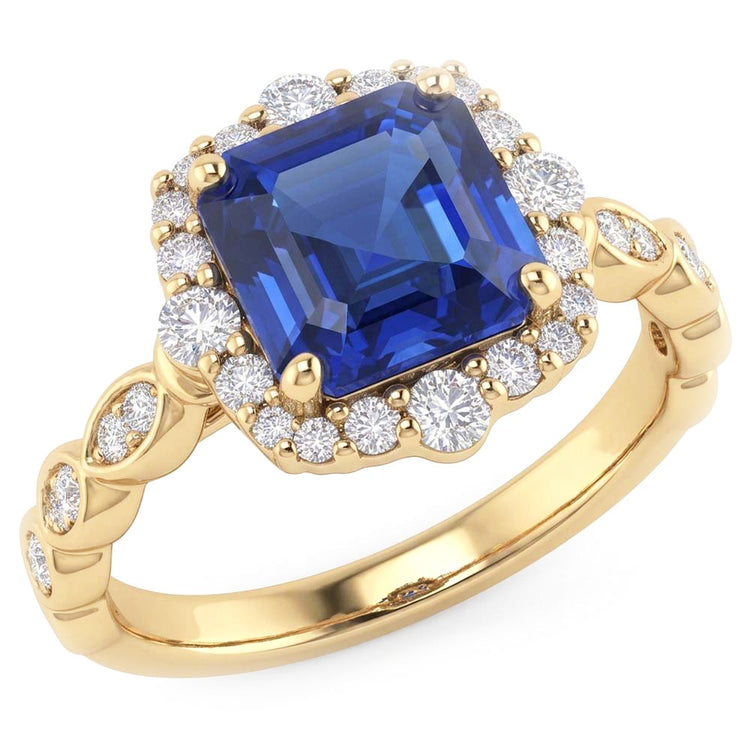 Bague Halo Or Jaune Style Fleur Asscher Saphir Bleu 4.50 Carats