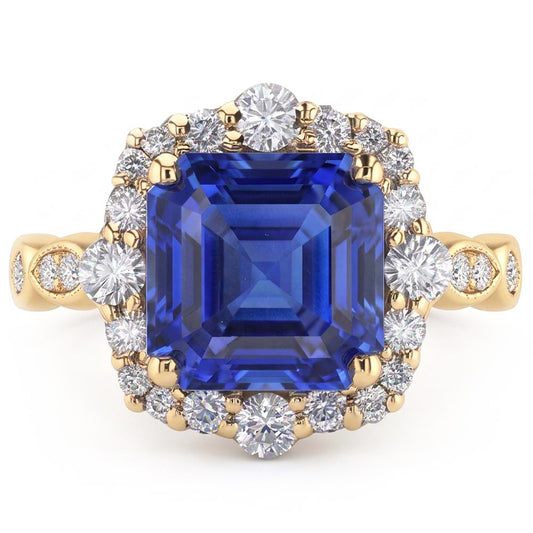 Bague Halo Or Jaune Style Fleur Asscher Saphir Bleu 4.50 Carats