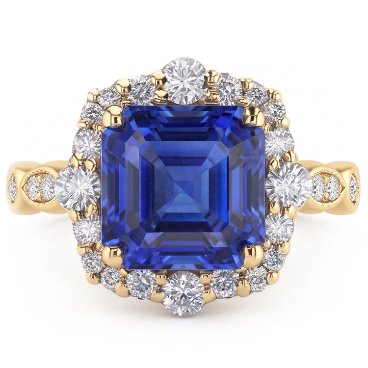 Bague Halo Or Jaune Style Fleur Asscher Saphir Bleu 4.50 Carats