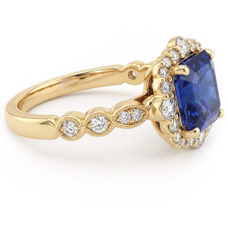 Bague Halo Or Jaune Style Fleur Asscher Saphir Bleu 4.50 Carats