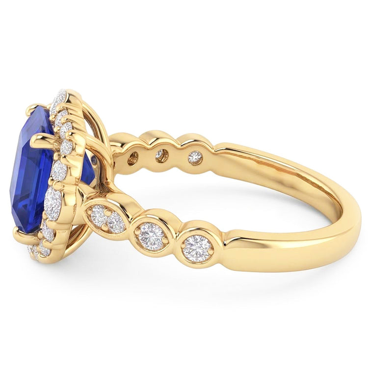 Bague Halo Or Jaune Style Fleur Asscher Saphir Bleu 4.50 Carats