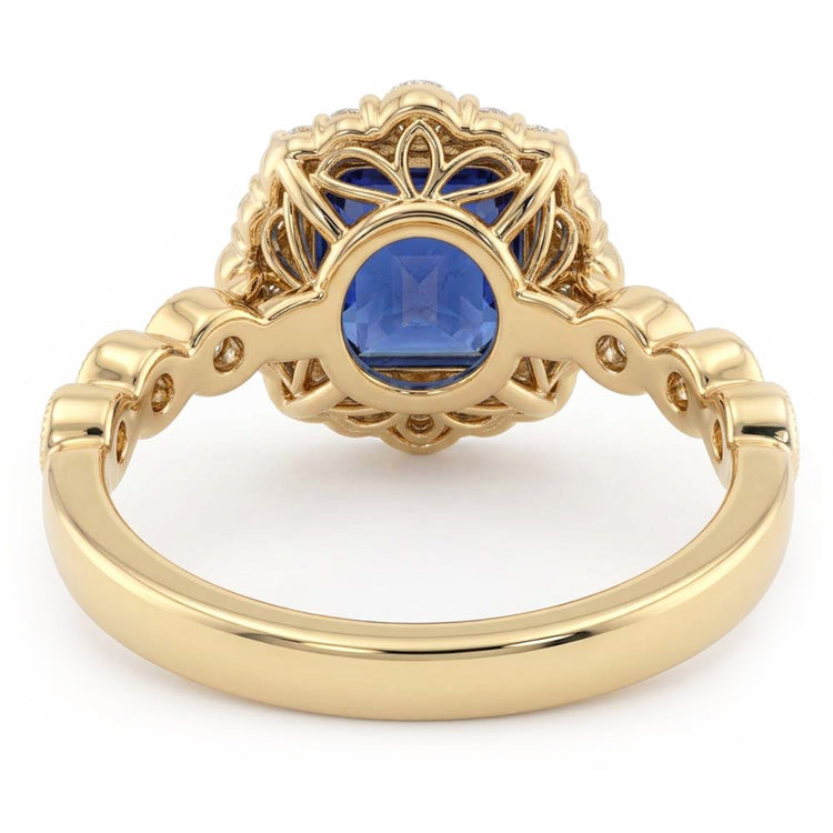 Bague Halo Or Jaune Style Fleur Asscher Saphir Bleu 4.50 Carats