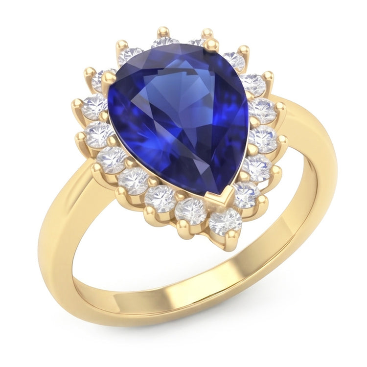 Bague Halo Or Jaune Style Fleur Saphir Ceylan & Diamants 4 Carats