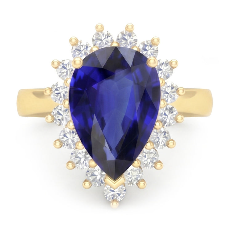 Bague Halo Or Jaune Style Fleur Saphir Ceylan & Diamants 4 Carats