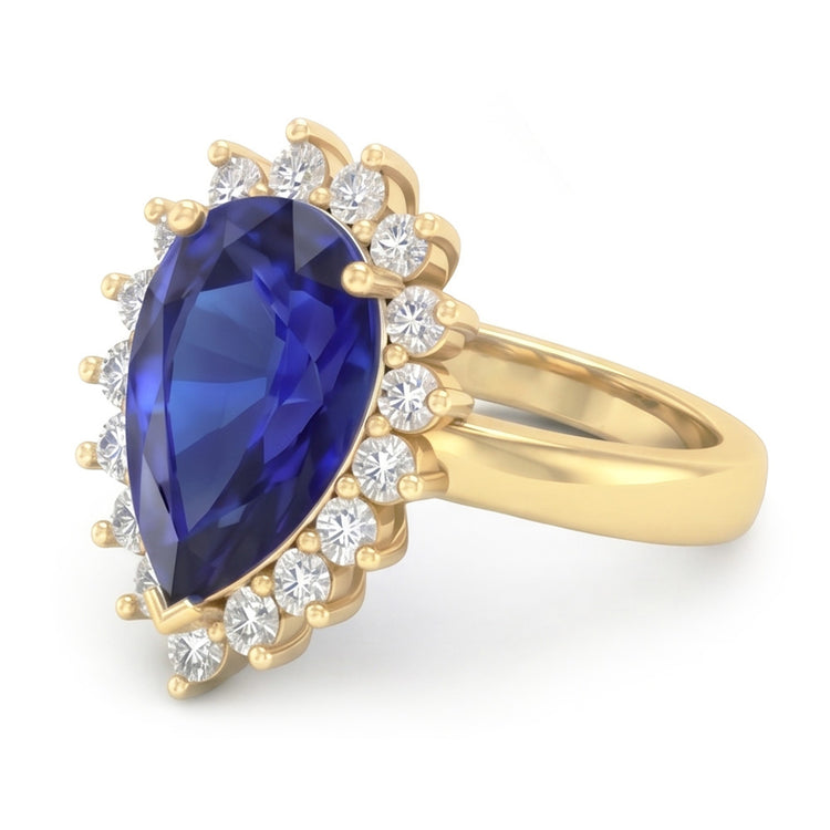 Bague Halo Or Jaune Style Fleur Saphir Ceylan & Diamants 4 Carats