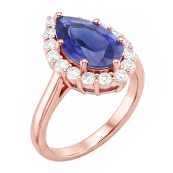 Bague Halo Or Rose Forme Poire Saphir Bleu & Diamants Naturels Extraits des Mines ( et non cultivés en laboratoire ) 3.75 Carats