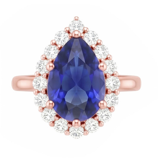 Bague Halo Or Rose Forme Poire Saphir Bleu & Diamants Naturels Extraits des Mines ( et non cultivés en laboratoire ) 3.75 Carats