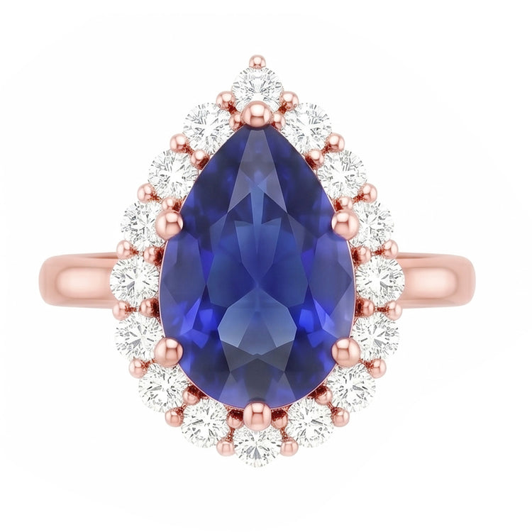 Bague Halo Or Rose Forme Poire Saphir Bleu & Diamants Naturels Extraits des Mines ( et non cultivés en laboratoire ) 3.75 Carats