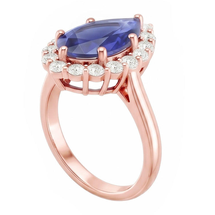 Bague Halo Or Rose Forme Poire Saphir Bleu & Diamants Naturels Extraits des Mines ( et non cultivés en laboratoire ) 3.75 Carats