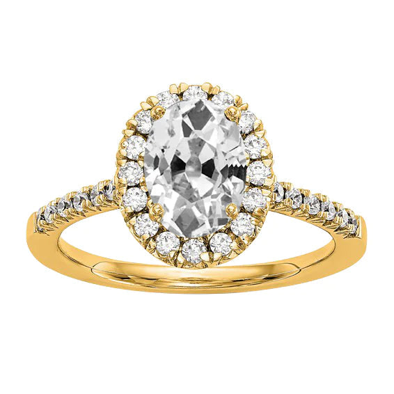 Bague Halo Ovale Vieux Mineur Réel Diamant Or Jaune Tige Conique 5.25 Carats