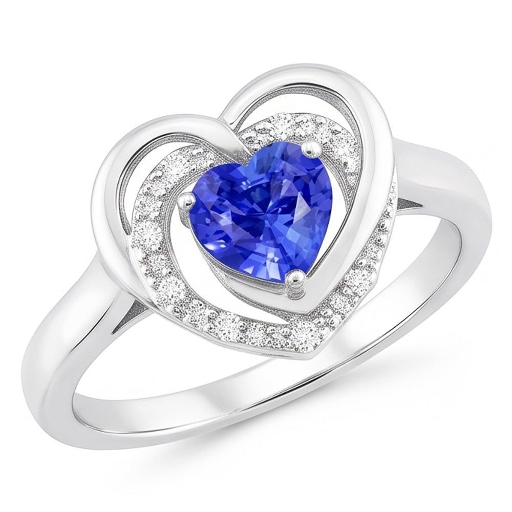 Bague Halo Pierres Précieuses Coeur Saphir Bleu Bijoux 1.50 Carats Or Blanc