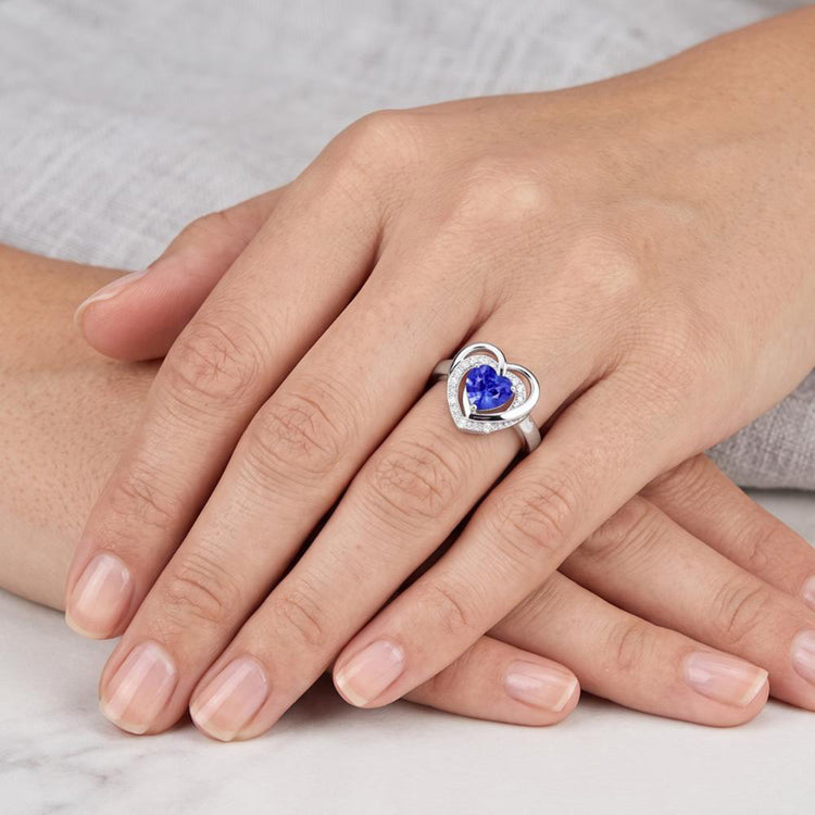 Bague Halo Pierres Précieuses Coeur Saphir Bleu Bijoux 1.50 Carats Or Blanc