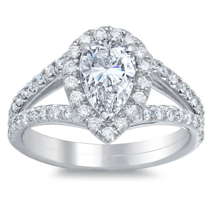 Bague Halo Poire Et Naturel Diamants Taille Ronde 4.70 Ct Or Blanc 14K