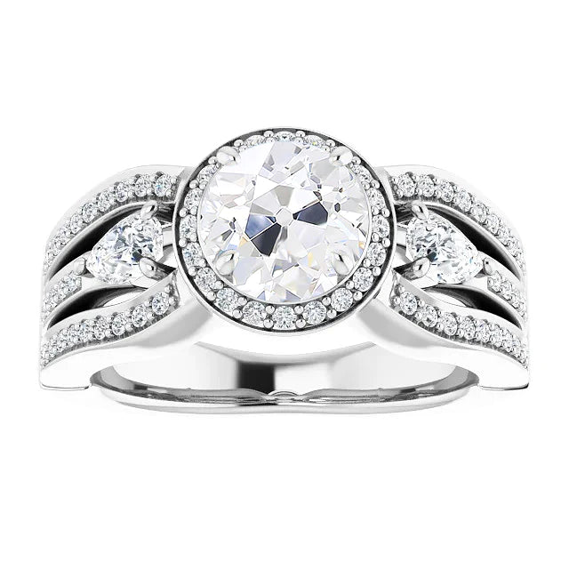 Bague Halo Poire & Réel Diamants Ronds Old Cut Accents Triple Rang 5.50 Carats