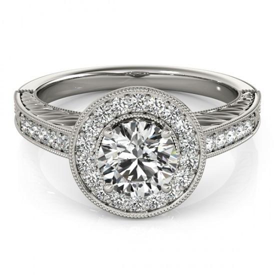 Bague Halo Réel Diamant Rond Style Vintage 1.25 Carat Gravé WG 14K