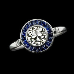 Bague Halo Réel Diamant Rond Taille Ancienne & Saphir Baguette Serti 3 Carats