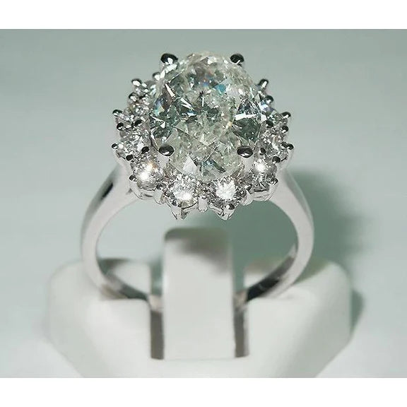 Bague Halo Réel Diamant Style Grande Fleur Ovale 4.75 Carats Femme Or Blanc 14K Bijoux
