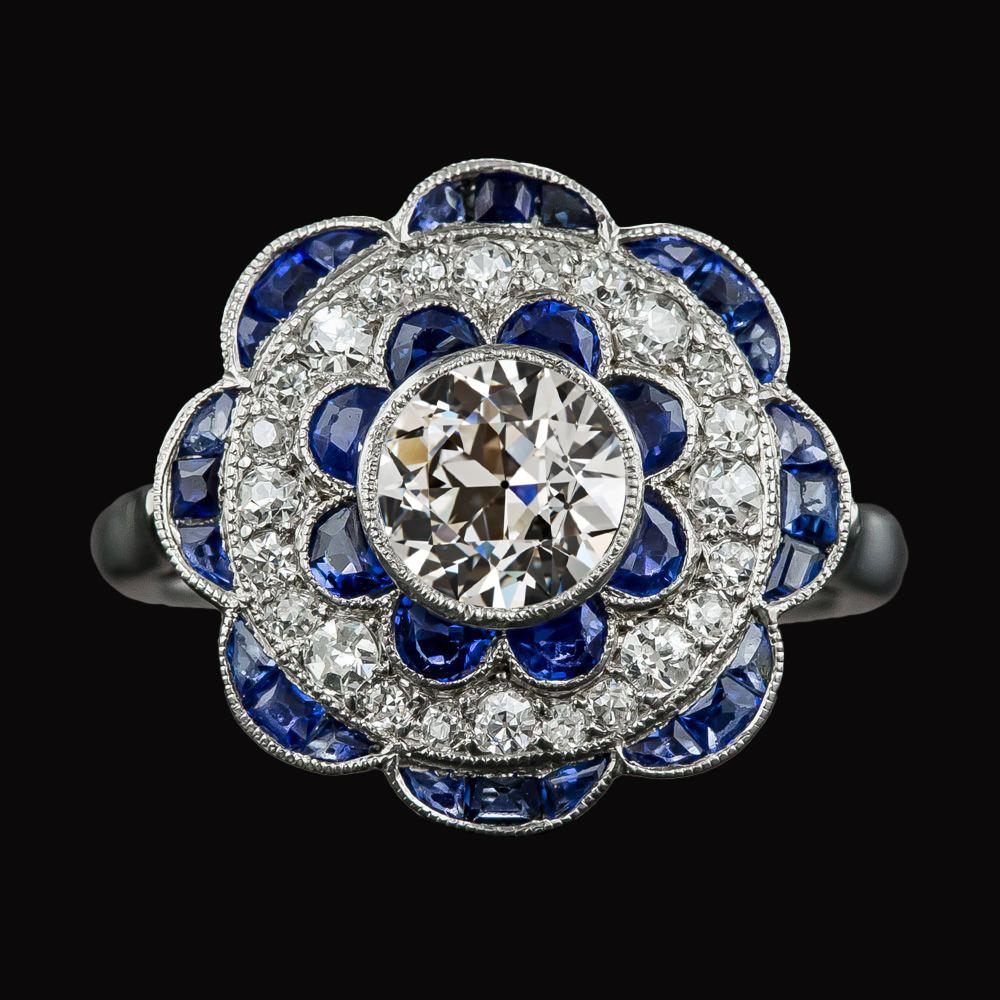 Bague Halo Réel Diamant Taille Ancienne & Saphirs Bleus Style Fleur 4.50 Carats