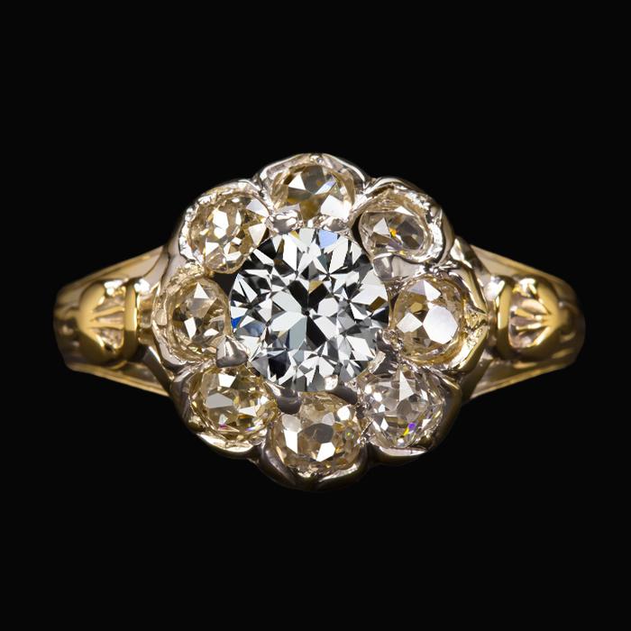 Bague Halo Rond Vieux Mineur Naturel Diamant Fleur Style Vintage 4.50 Carats