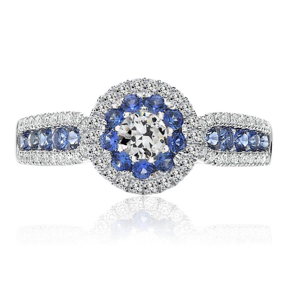 Bague Halo Rond Vieux mineur Naturel Diamant & Bague Saphir Ceylan 7 Carats