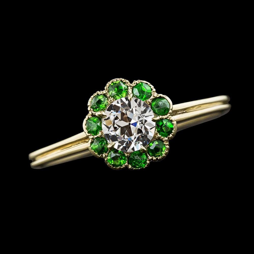 Bague Halo Ronde Véritable Diamant Taille Ancienne & Saphir Vert 2.50 Carats Or 14K