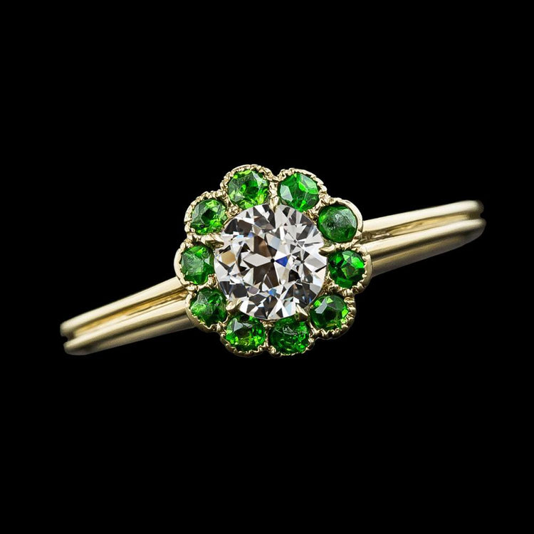 Bague Halo Ronde Véritable Diamant Taille Ancienne & Saphir Vert 2.50 Carats Or 14K