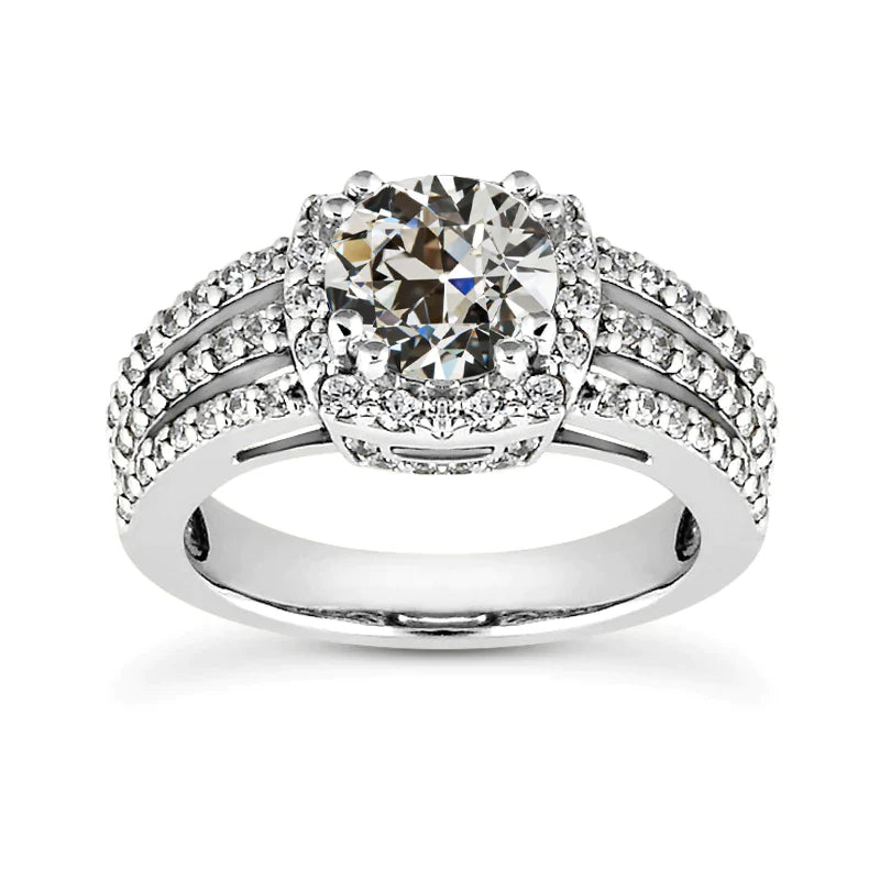 Bague Halo Ronde Vieux Mineur Réel Diamant Double Griffes Sertie 3.50 Carats