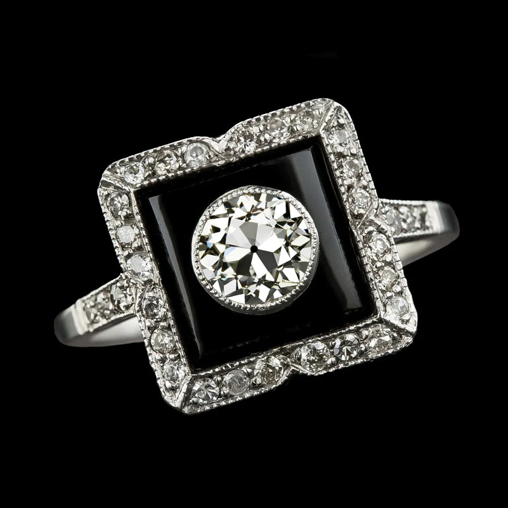 Bague Halo Ronde Vieux Mineur Réel Diamant Noir Rhodium & Or 3.25 Carats