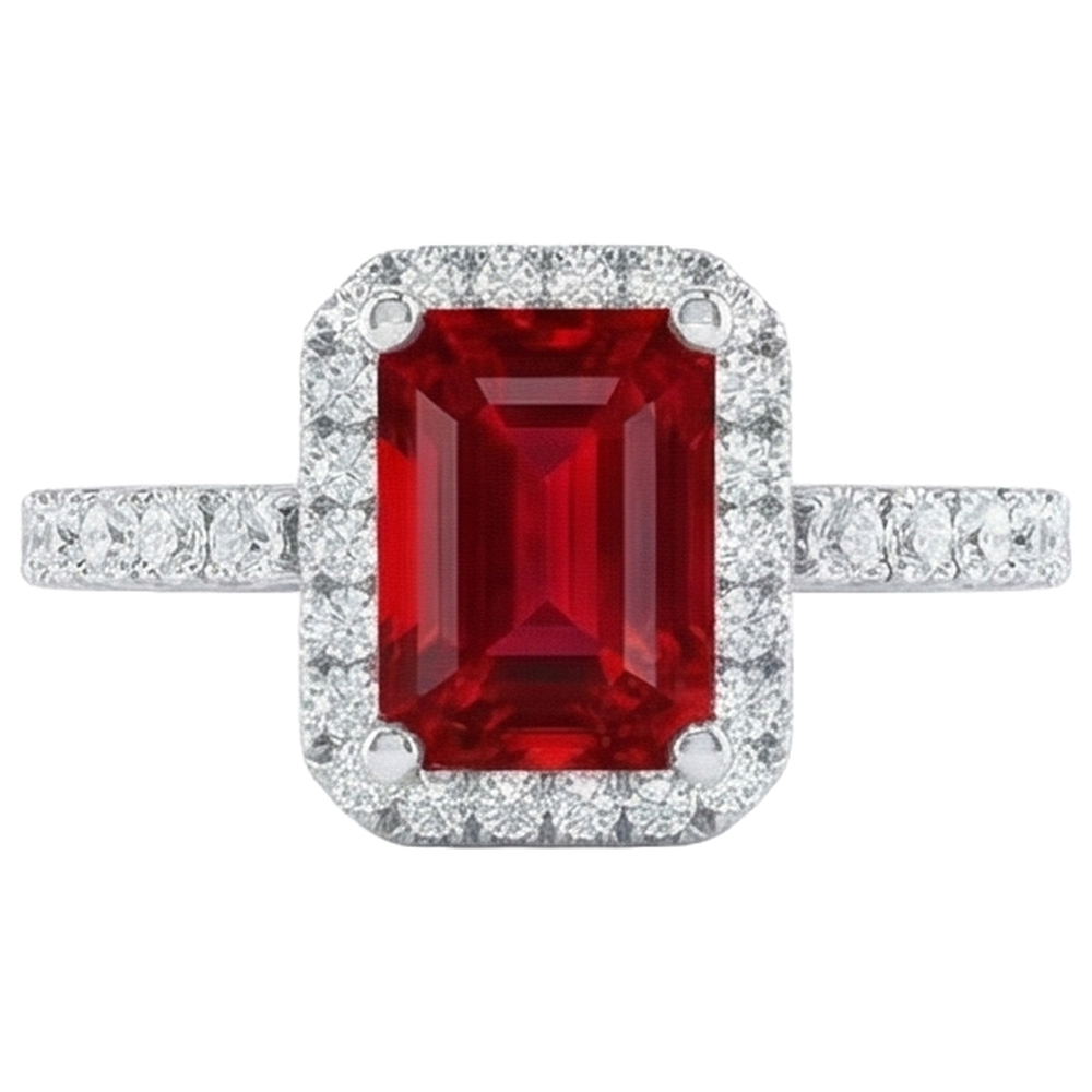 Bague Halo Rubis Rouge Avec Diamants Naturels Extraits des Mines ( et non cultivés en laboratoire ) 4.45 Carats Or Blanc 14K Nouveau
