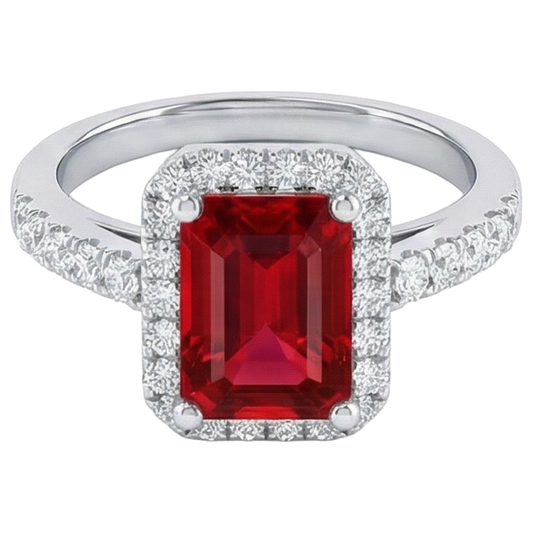 Bague Halo Rubis Rouge Avec Diamants Naturels Extraits des Mines ( et non cultivés en laboratoire ) 4.45 Carats Or Blanc 14K Nouveau