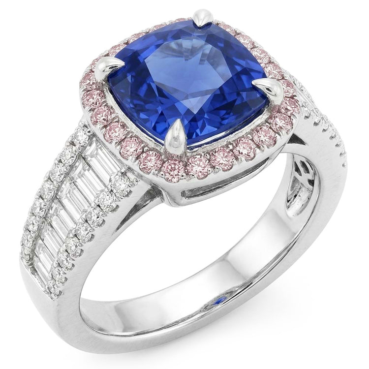 Bague Halo Saphir Bleu Avec Baguette & Diamants Ronds 4.5 Carats
