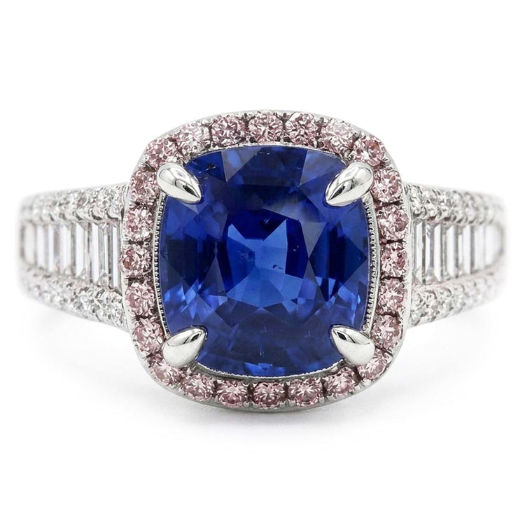 Bague Halo Saphir Bleu Avec Baguette & Diamants Ronds 4.5 Carats