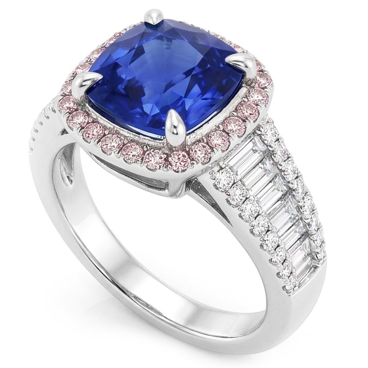 Bague Halo Saphir Bleu Avec Baguette & Diamants Ronds 4.5 Carats
