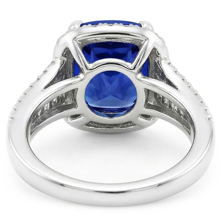Bague Halo Saphir Bleu Avec Baguette & Diamants Ronds 4.5 Carats