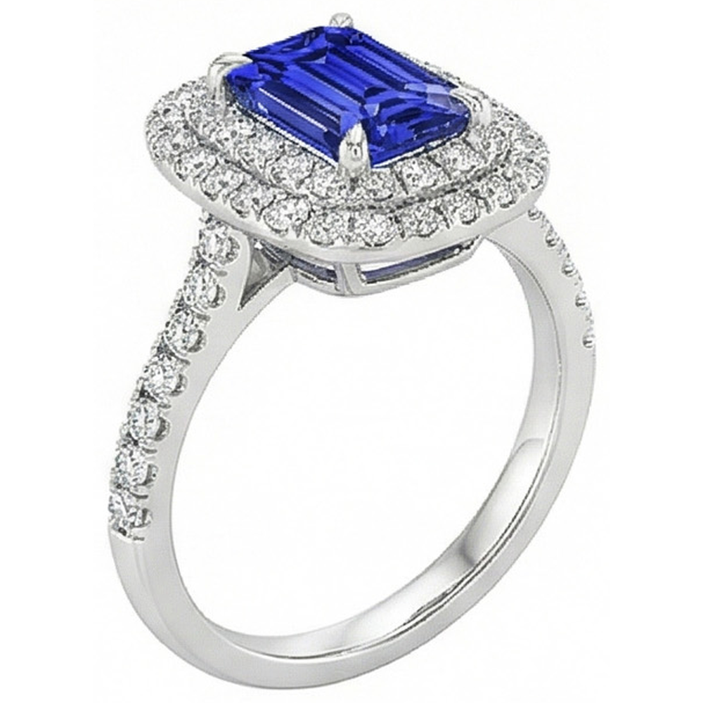 Bague Halo Saphir Bleu Émeraude & Diamant Naturels Extraits des Mines ( et non cultivés en laboratoire ) 5 Carats Or Blanc 14K