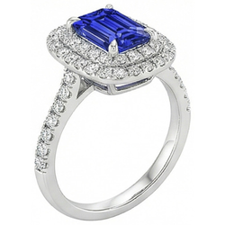 Bague Halo Saphir Bleu Émeraude & Diamant Naturels Extraits des Mines ( et non cultivés en laboratoire ) 5 Carats Or Blanc 14K