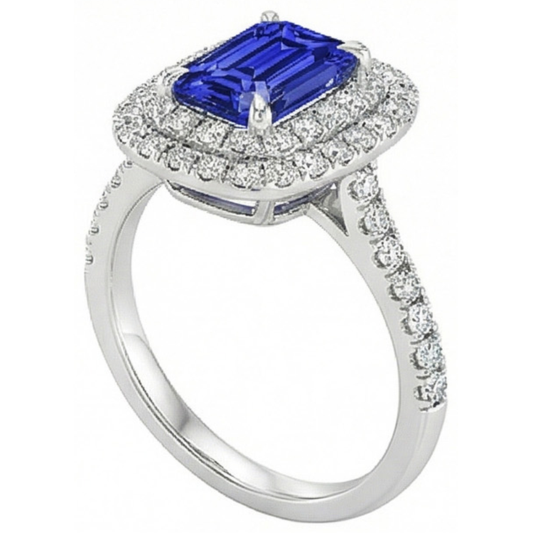 Bague Halo Saphir Bleu Émeraude & Diamant Naturels Extraits des Mines ( et non cultivés en laboratoire ) 5 Carats Or Blanc 14K