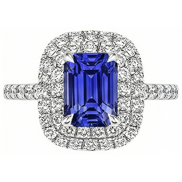 Bague Halo Saphir Bleu Émeraude & Diamant Naturels Extraits des Mines ( et non cultivés en laboratoire ) 5 Carats Or Blanc 14K