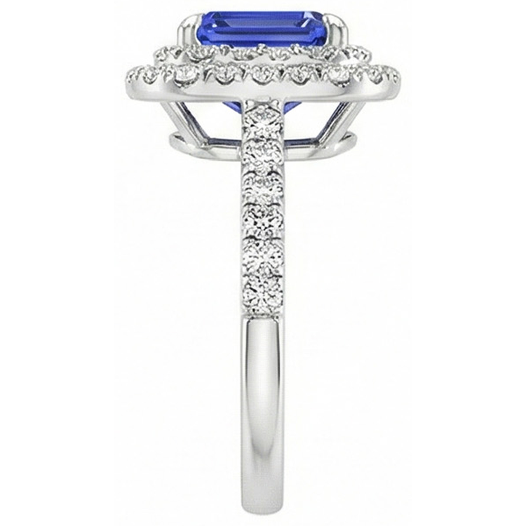 Bague Halo Saphir Bleu Émeraude & Diamant Naturels Extraits des Mines ( et non cultivés en laboratoire ) 5 Carats Or Blanc 14K